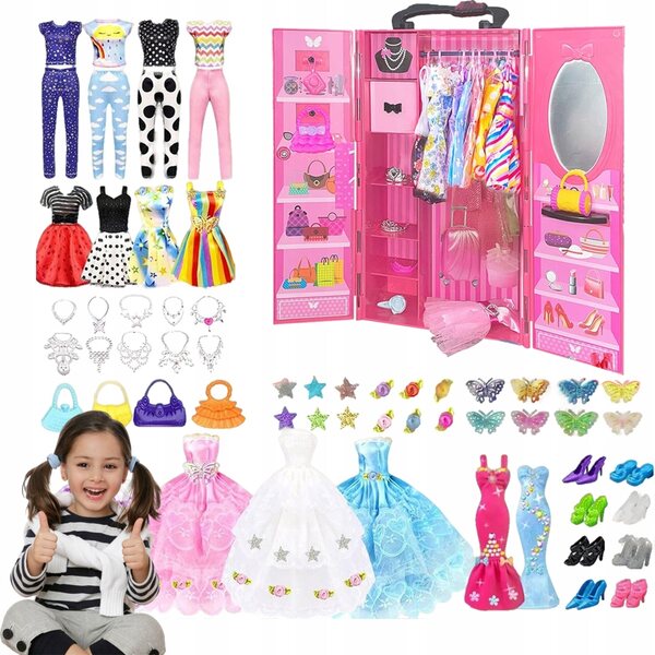 Set 84 vestiti per bambole con abiti da cerimonia e accessori, armadio incluso