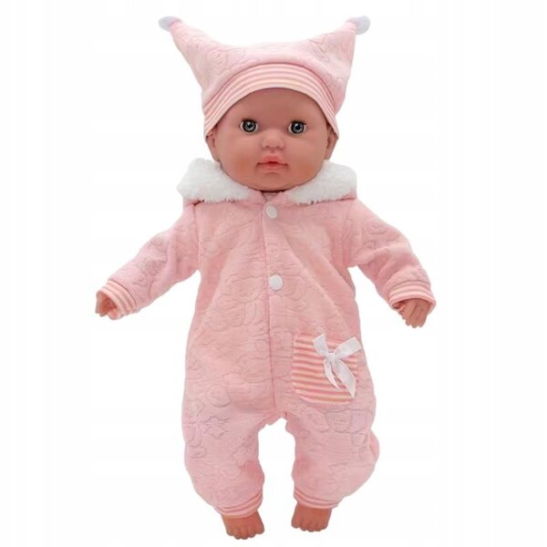 Abbigliamento invernale rosa per una bambola da 45 cm con tutina e cappellino