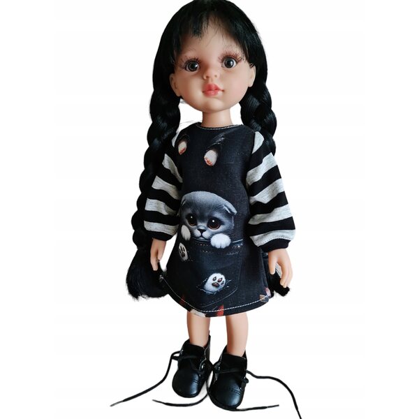 Kleid für Paola Reina Puppe 32 cm mit schottischer Katzentasche – sichere Kleidung