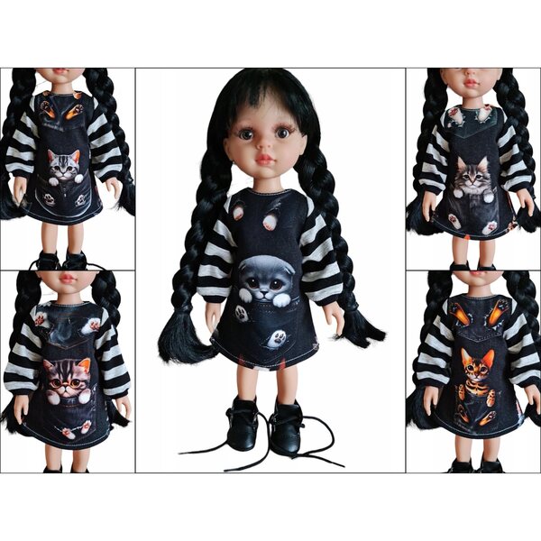 Kleid für Paola Reina Puppe 32 cm mit schottischer Katzentasche – sichere Kleidung