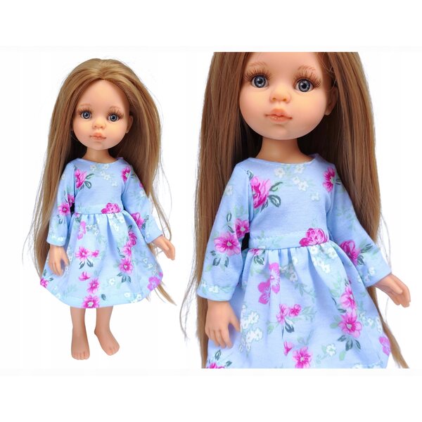 Blaues Blumenkleid für Paola Reina 32 cm Puppe mit langen Baumwollärmeln