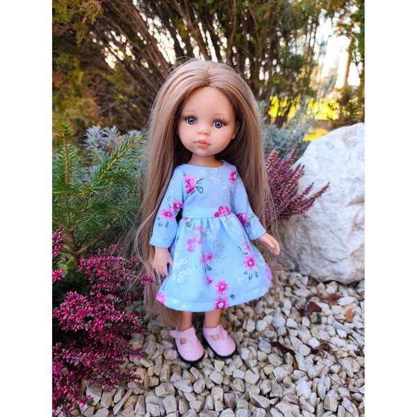 Blaues Blumenkleid für Paola Reina 32 cm Puppe mit langen Baumwollärmeln