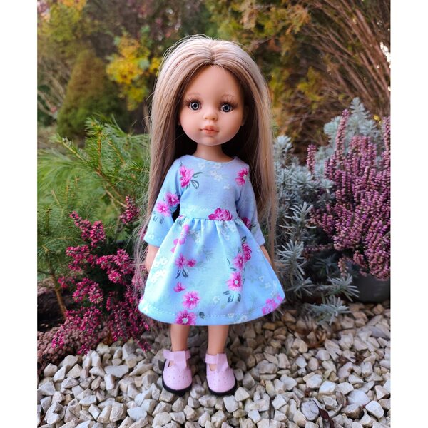 Blaues Blumenkleid für Paola Reina 32 cm Puppe mit langen Baumwollärmeln