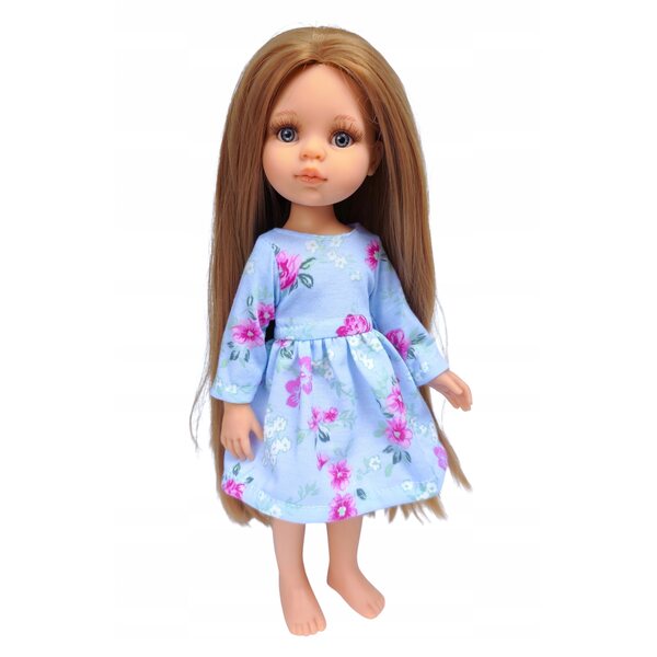 Blaues Blumenkleid für Paola Reina 32 cm Puppe mit langen Baumwollärmeln