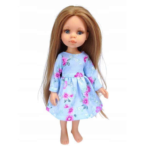 Blaues Blumenkleid für Paola Reina 32 cm Puppe mit langen Baumwollärmeln