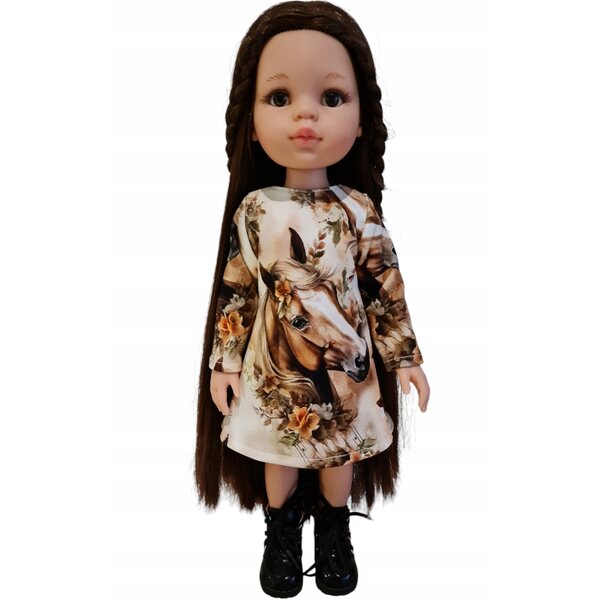 Ein Outfit für eine 32 cm große Paola Reina-Puppe mit braunem Pferdemotiv