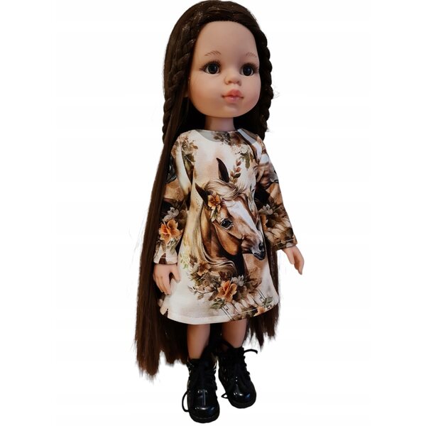 Ein Outfit für eine 32 cm große Paola Reina-Puppe mit braunem Pferdemotiv