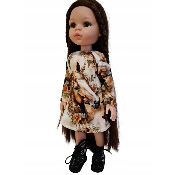 Ein Outfit für eine 32 cm große Paola Reina-Puppe mit braunem Pferdemotiv