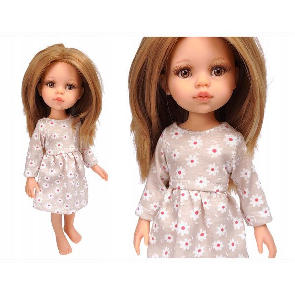 Beiges Blumenkleid für Paola Reina 32 cm Puppe mit langen Ärmeln