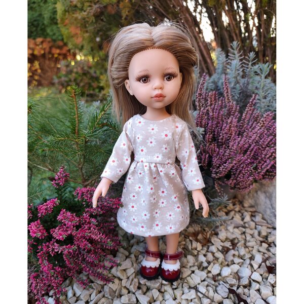 Beiges Blumenkleid für Paola Reina 32 cm Puppe mit langen Ärmeln