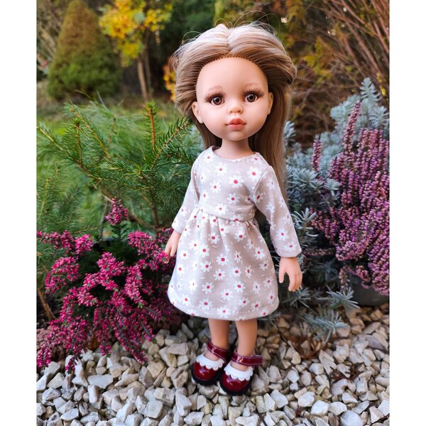 Beiges Blumenkleid für Paola Reina 32 cm Puppe mit langen Ärmeln