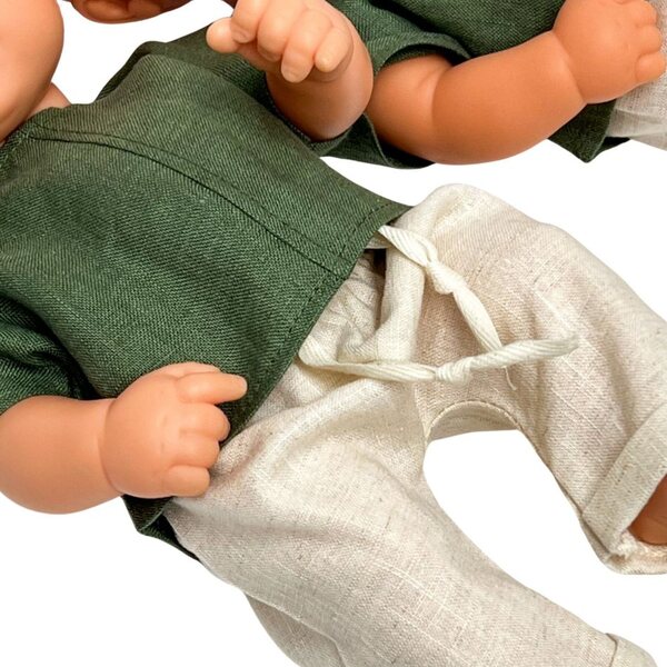 Kleidung für Miniland 32 cm Puppe, grünes Leinen-T-Shirt und Hosen-Set