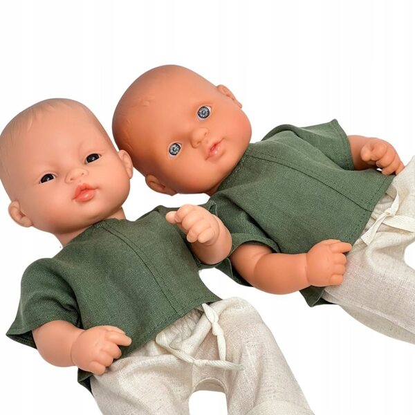 Kleidung für Miniland 32 cm Puppe, grünes Leinen-T-Shirt und Hosen-Set
