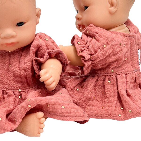 Miniland 21 cm: elegante vestito marsala per bambole con pois dorati in cotone