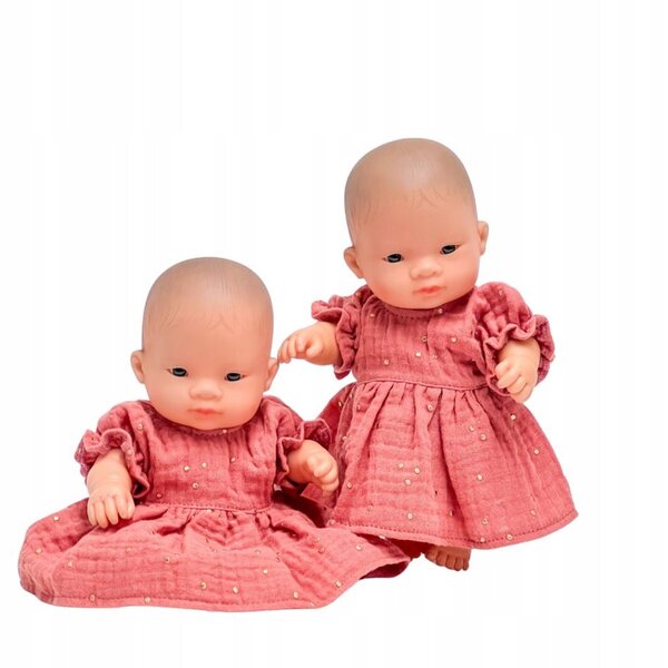Miniland 21 cm: elegante vestito marsala per bambole con pois dorati in cotone