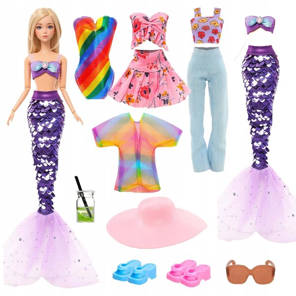 Set di vestiti estivi e accessori per bambole con costume da sirena e abiti da spiaggia