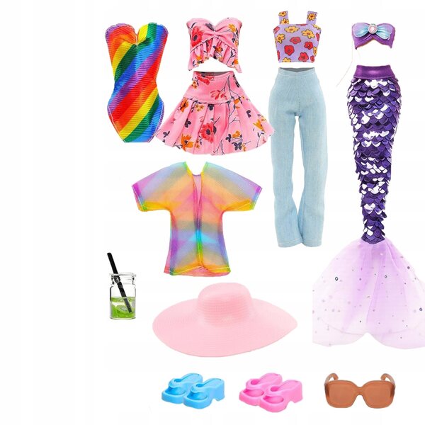 Set di vestiti estivi e accessori per bambole con costume da sirena e abiti da spiaggia