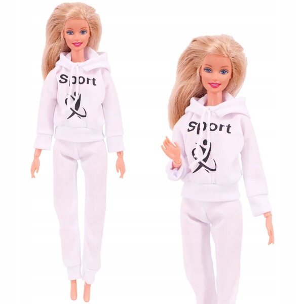 Set sportivo bianco per bambola tipo Barbie con scarpe e occhiali da sole