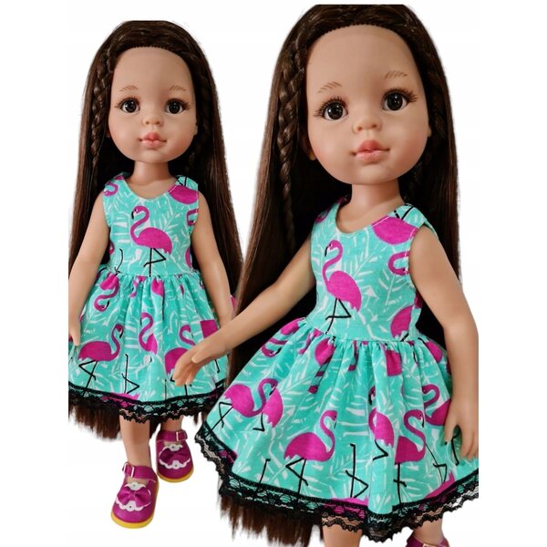 Kleid für Paola Reina 32 cm Puppe mit Spitze und rosa Flamingo-Print