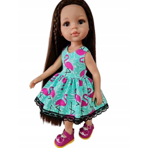 Kleid für Paola Reina 32 cm Puppe mit Spitze und rosa Flamingo-Print