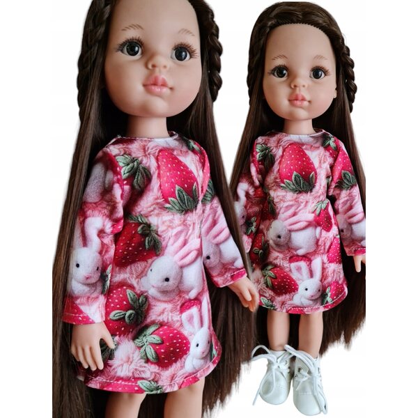 Kleid für Paola Reina 32 cm Puppe mit Hasen- und Erdbeeraufdruck