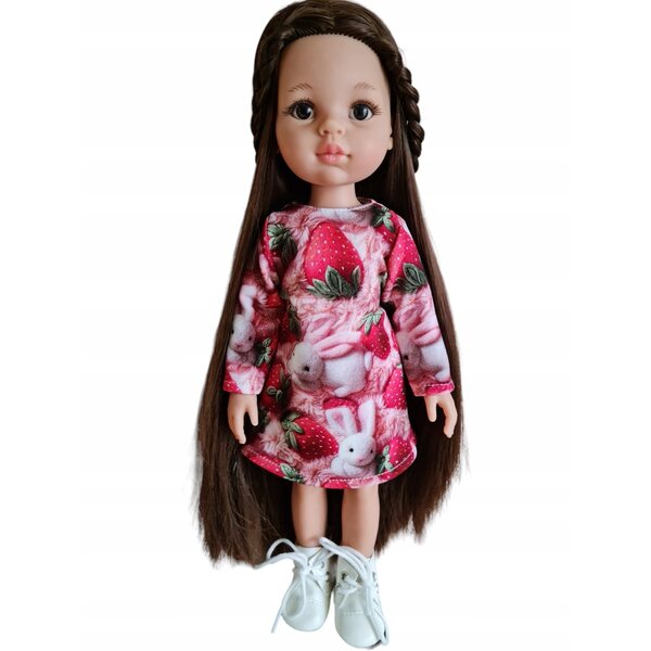 Kleid für Paola Reina 32 cm Puppe mit Hasen- und Erdbeeraufdruck