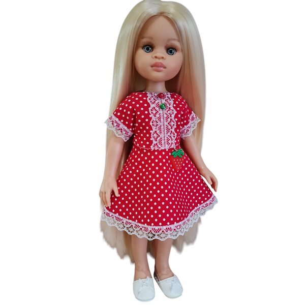 Rotes Kleid mit weißen Punkten und Spitze für Paola Reina 32 cm Puppe