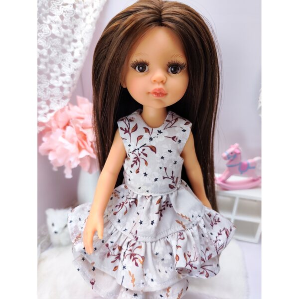 Beiges Kleid mit Blumen für Paola Reina 32 cm Baumwollpuppen, hergestellt in Polen