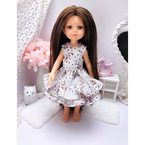 Beiges Kleid mit Blumen für Paola Reina 32 cm Baumwollpuppen, hergestellt in Polen