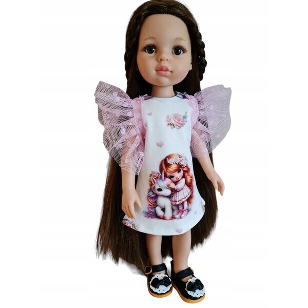 Kleid für Paola Reina 32 cm Puppe aus Stoff mit gepunkteten Tüllärmeln