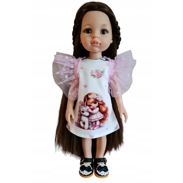 Kleid für Paola Reina 32 cm Puppe aus Stoff mit gepunkteten Tüllärmeln