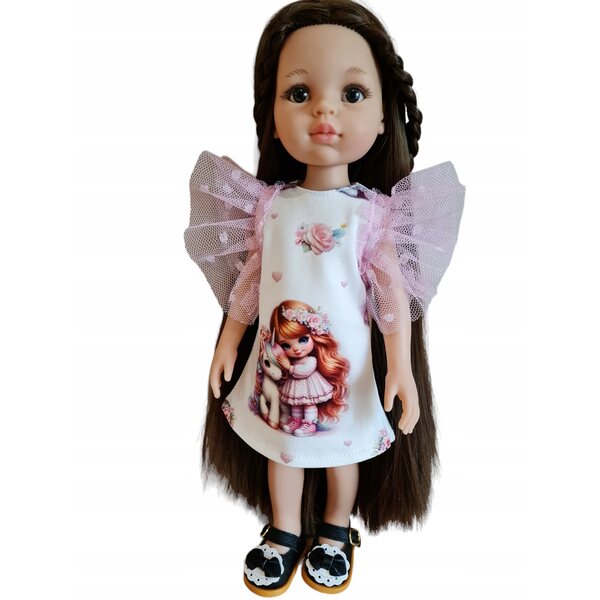 Kleid für Paola Reina 32 cm Puppe aus Stoff mit gepunkteten Tüllärmeln