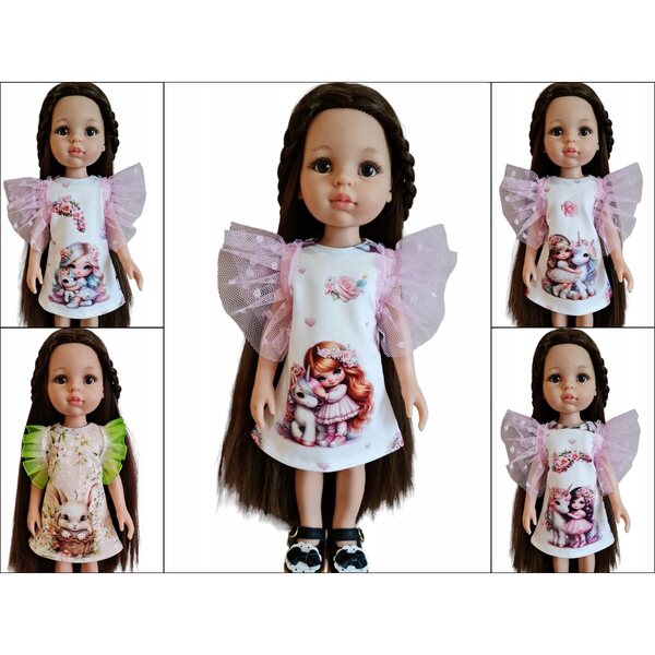 Kleid für Paola Reina 32 cm Puppe aus Stoff mit gepunkteten Tüllärmeln