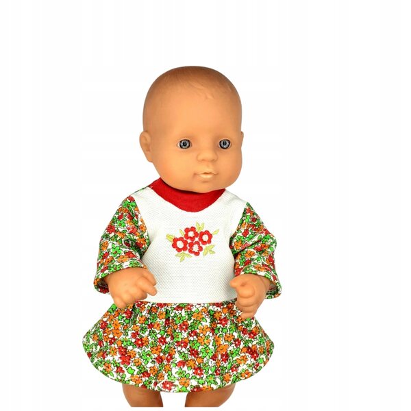Ein geblümtes Puppenkleid aus hochwertiger Baumwolle misst 30 cm