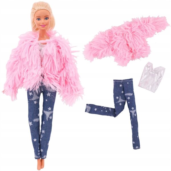 Completo abbigliamento per bambola Barbie 29 cm con giacca pelliccia e sneakers
