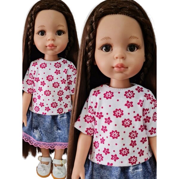 T-shirt per bambola Paola Reina 32 cm in tessuto floreale con chiusura a velcro