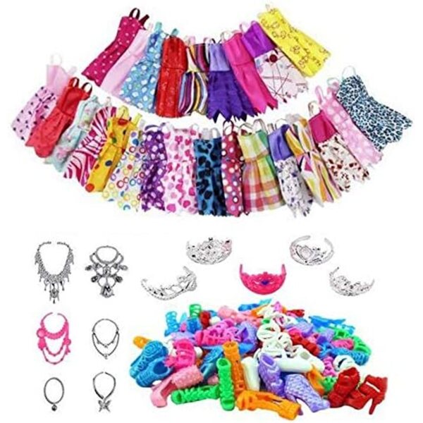 Omquot Puppenkleidungsset mit 46 Modeaccessoires, Kleiderbügeln und bunten Absätzen