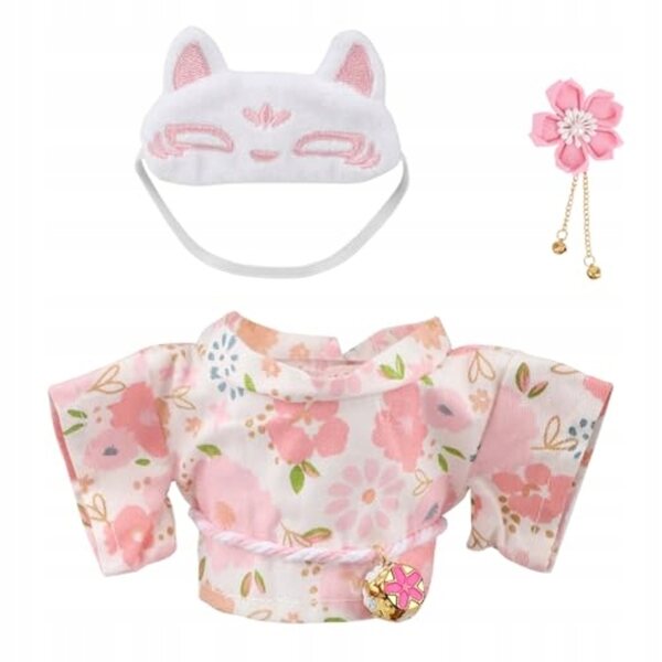 Kleidungsset für 17-cm-Puppe. Rosa japanischer Kimono mit widerstandsfähigem Stoffrock