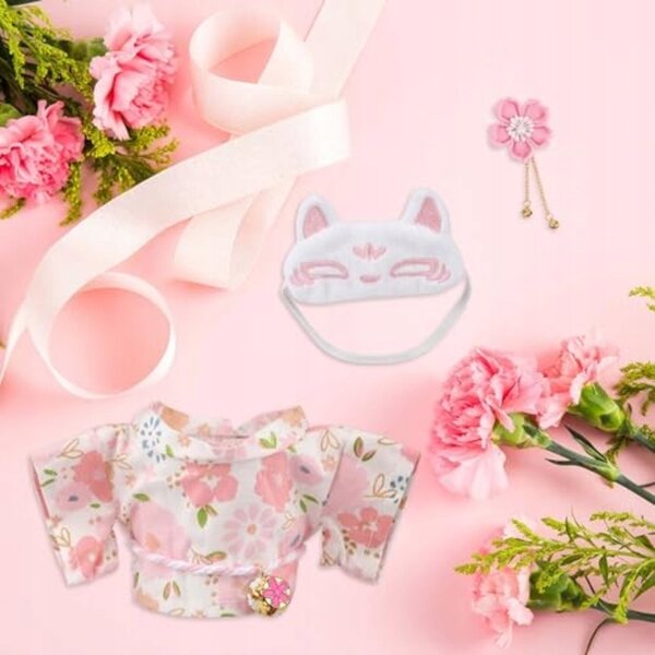 Kleidungsset für 17-cm-Puppe. Rosa japanischer Kimono mit widerstandsfähigem Stoffrock
