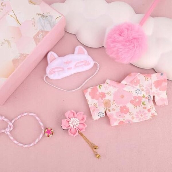 Kleidungsset für 17-cm-Puppe. Rosa japanischer Kimono mit widerstandsfähigem Stoffrock