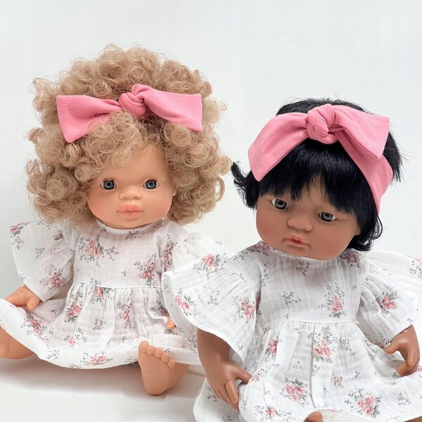 Musselinkleid für Miniland und Paola Reina 38 cm Puppen mit rosa Blumen
