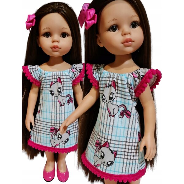 Kleid für Paola Reina 32 cm Puppe mit Karomuster und Kätzchen
