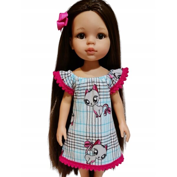 Kleid für Paola Reina 32 cm Puppe mit Karomuster und Kätzchen