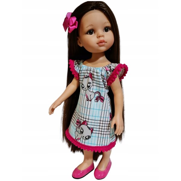 Kleid für Paola Reina 32 cm Puppe mit Karomuster und Kätzchen