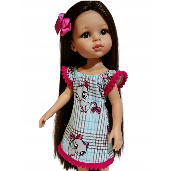 Kleid für Paola Reina 32 cm Puppe mit Karomuster und Kätzchen