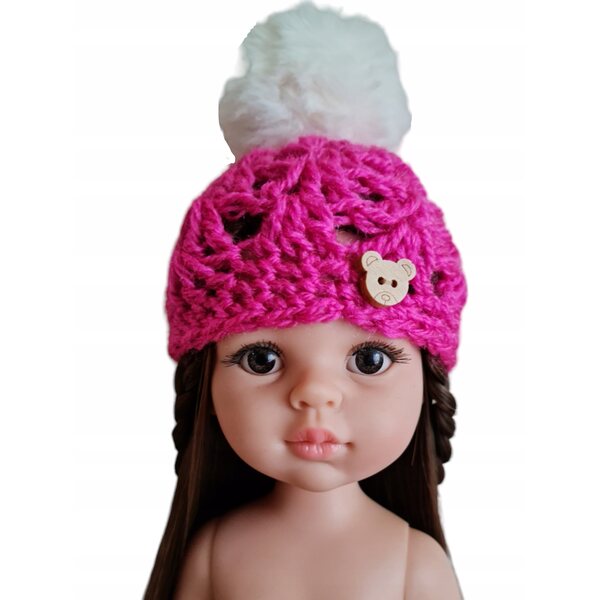 Cappello con Pompon per Bambole Paola Reina 32 cm, Lana Fucsia Fatto a Mano