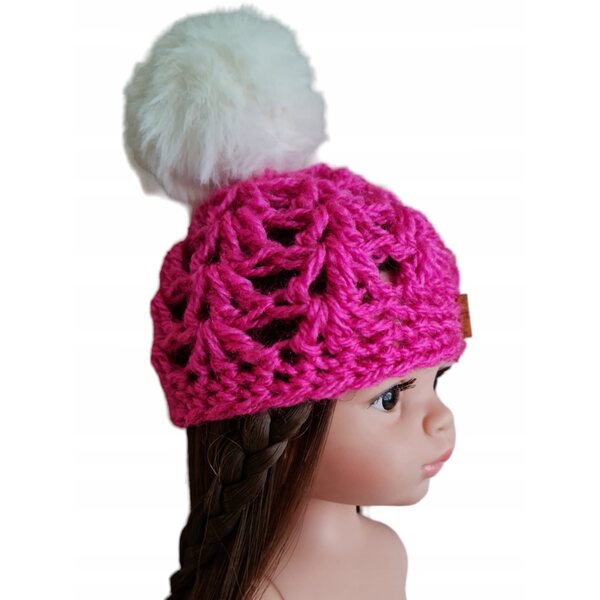 Cappello con Pompon per Bambole Paola Reina 32 cm, Lana Fucsia Fatto a Mano