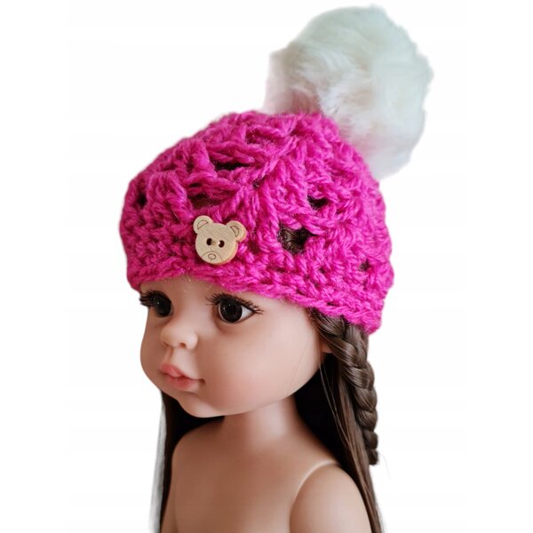 Cappello con Pompon per Bambole Paola Reina 32 cm, Lana Fucsia Fatto a Mano