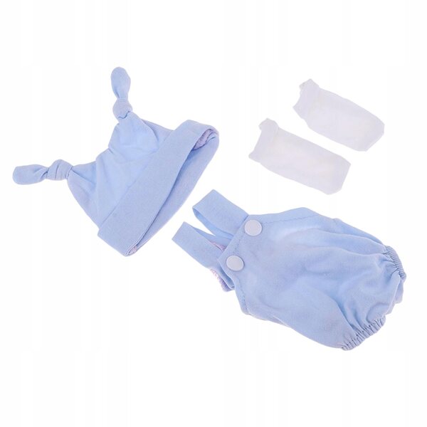 Completo per bambole neonato 10-11'' con pagliaccetto, cappello e calzini blu