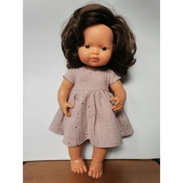 Elegantes rosa Olimi-Kleid für Miniland 38 cm Puppe mit goldenen Pailletten